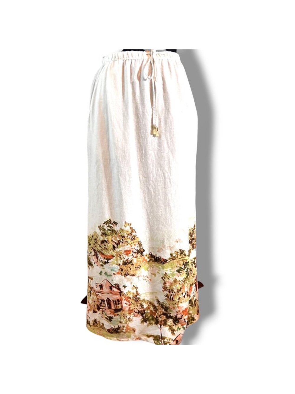 Tahari Womens Medium White Linen Blend Maxi Skirt With Cottage Print & Drawstrin